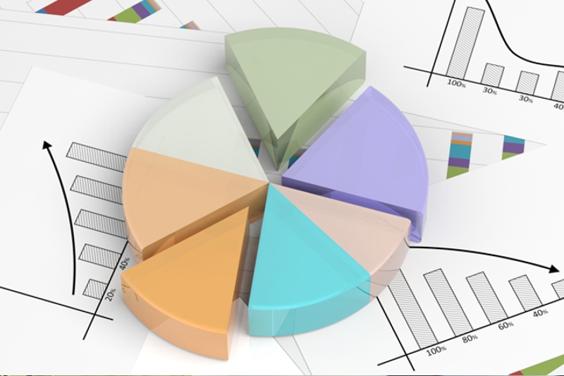 Colorful 3d business pie chart pieces resting on top of documents.
