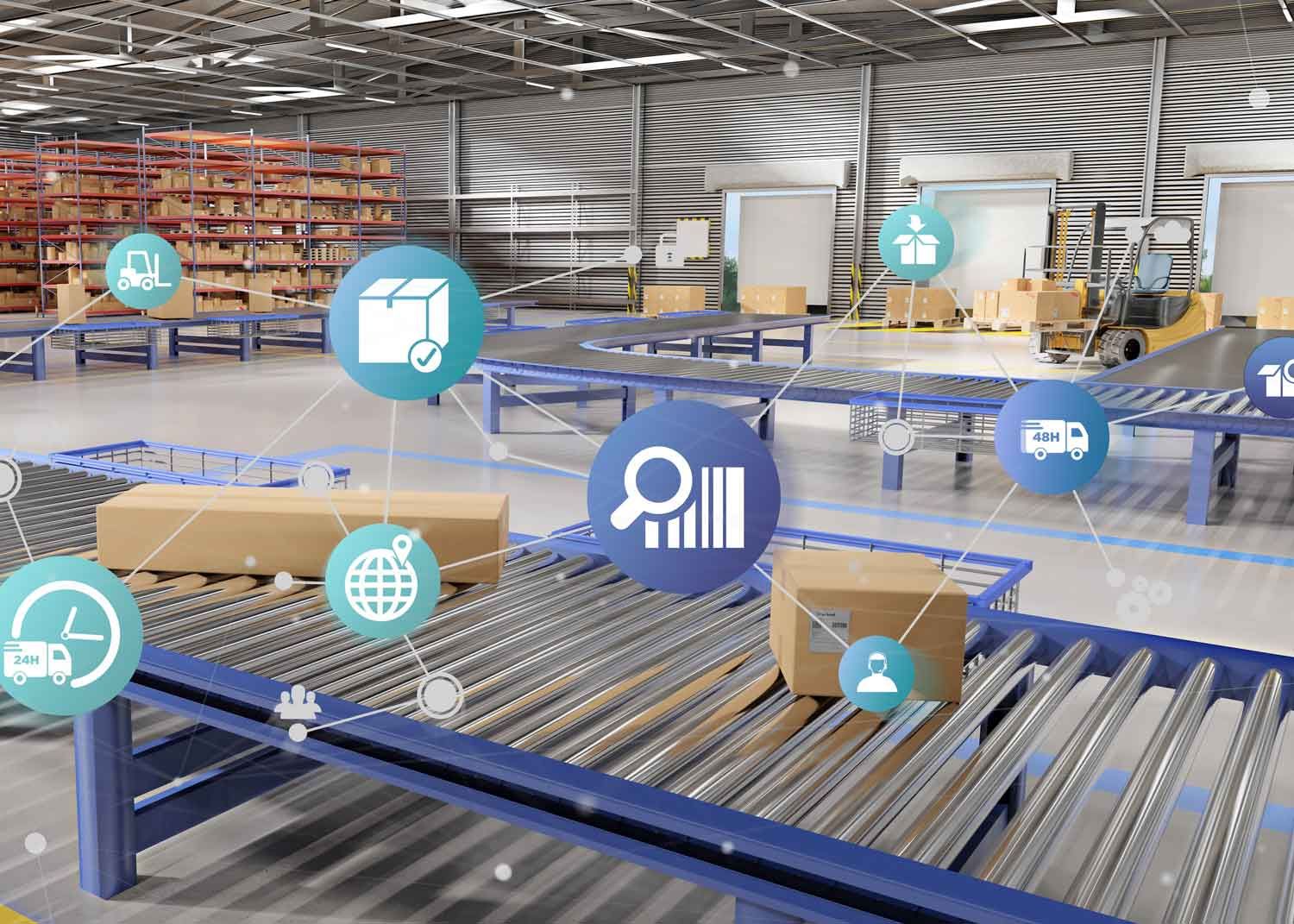 A warehouse with a conveyor belt moving boxes symbolizing the various aspects of a supply chain