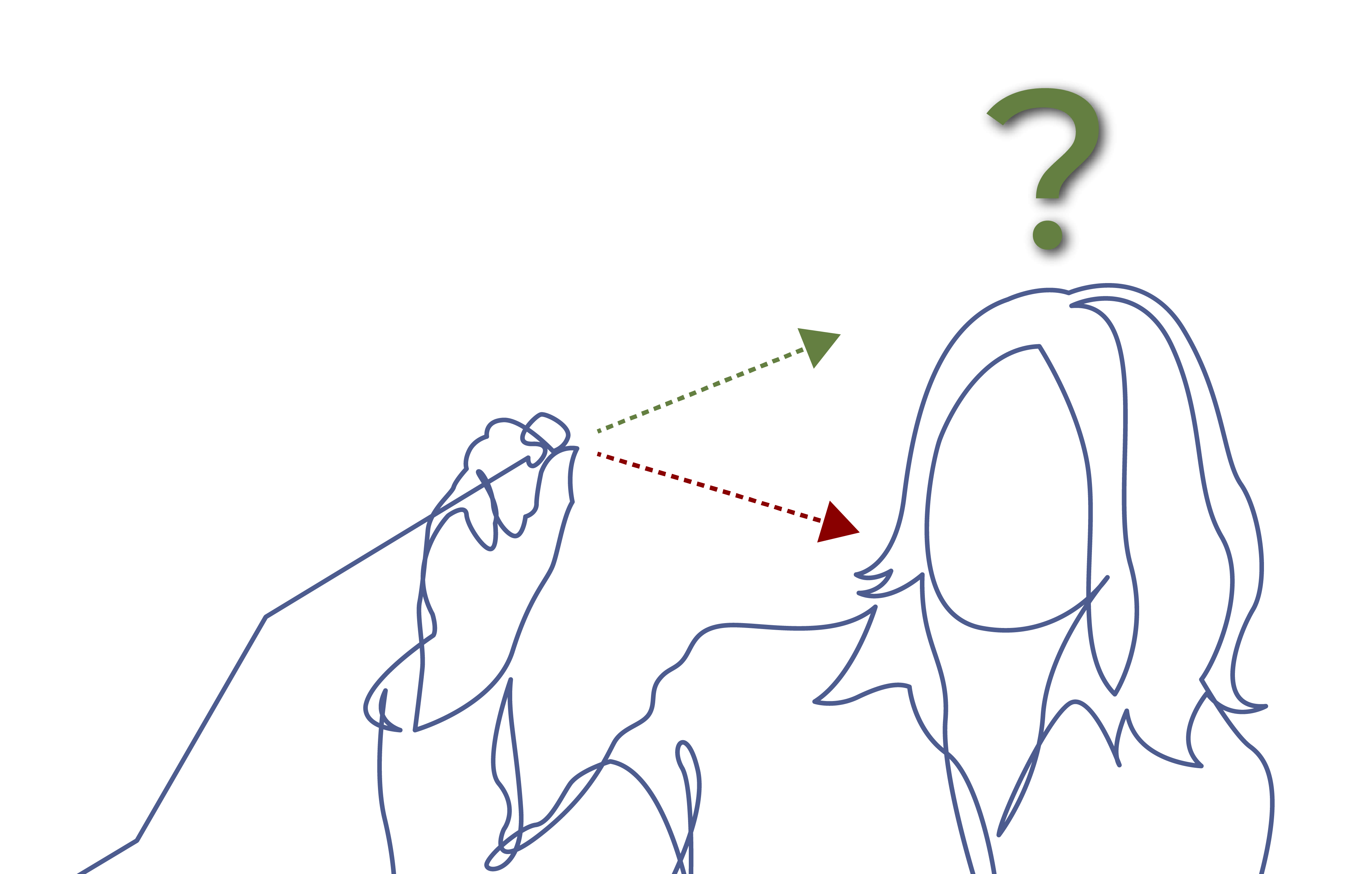A sketch of a woman with a question mark over her head, drawing a trend line, showing the possibility of the trend line going either up or down.