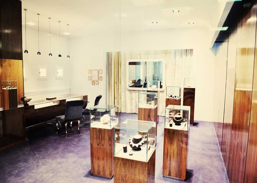 Image of the inside of a high end jewelry retail store